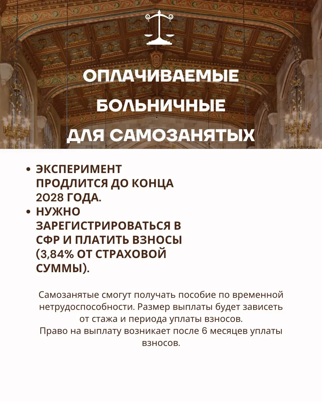 Плакат с текстом о страховых взносах для самозанятых и выплатах по временной нетрудоспособности