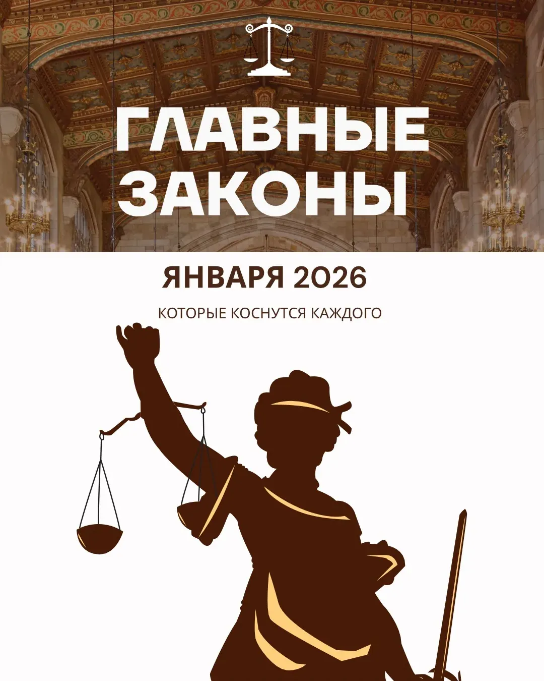 Статуя с весами и надпись «Главные законы января 2026» как общий визуал к спорам о регистрации прав на недвижимость
